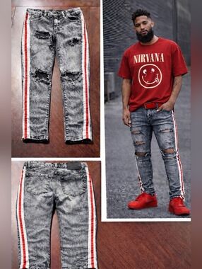 Rue21 Acid Wash Skinny Jeans – Distressed, Red Side Stripe